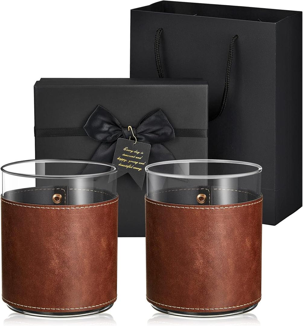 Sabary 2 Sets Leather Rocks Glasses 11.5 oz Leather Wrapped Whiskey Glasses with Gift Box Glass Sleeve Bourbon Glass Gift for Men Father (Brown)