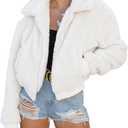 AKEWEI Women's Short Faux Fur Coat Casual Shaggy Jacket with Pockets Warm Winter Zip-Up Fluffy Outwear (Large, White)
