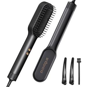 PLAVOGUE Ionic Hair Straightening Brush with Hot Air Function, Dual Voltage 30s Fast Heating, Anti-Scald & Auto Shutoff, Rotating Cord for Frizz Control & Salon Styling at Home