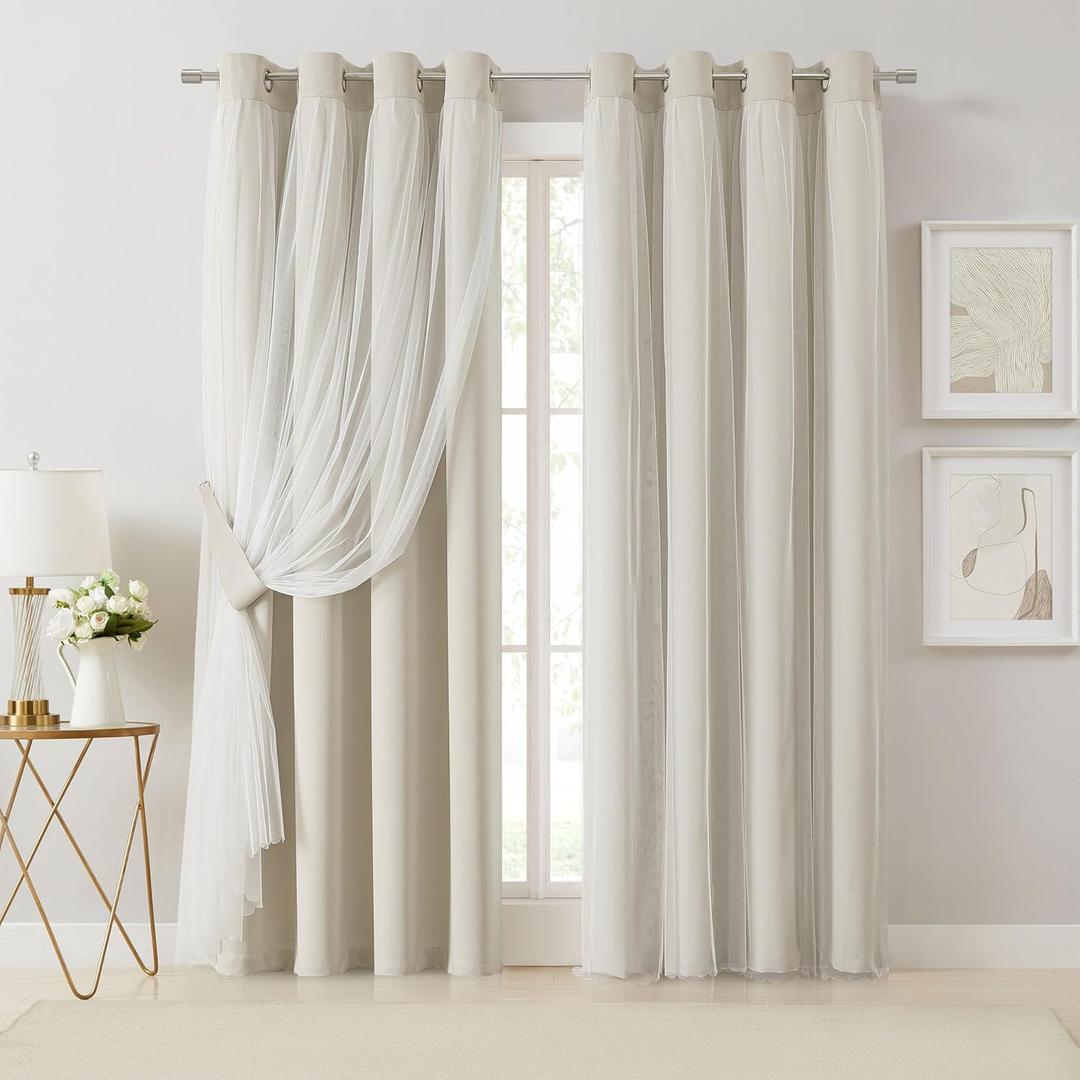 Bujasso Beige 80% Blackout Curtains with Sheer Overlay Mix and Match Double Layer Thermal Insulated Window Panels 84 inch for Living Room Bedroom Beige Drapes with Tiebacks Grommet Top 54" W x 84" L x 2