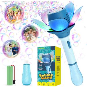 Electric Bubble Wand for Kids, Automatic Bubble Machine 10000+ Bubbles Per Minute with Battery/Lights/120ml Solution, Light Up Flower Bubble Wand Bubble Toys for Summer Outdoor Party Wedding (Blue)