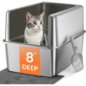 Stainless Steel Litter Box with Metal Lid and Scoop - Enclosed Metal Litter Box for Large Cats, Rust-Resistant, Odor-Control, Easy to Clean, Durable & Long-Lasting with Round Edge (XXL-)