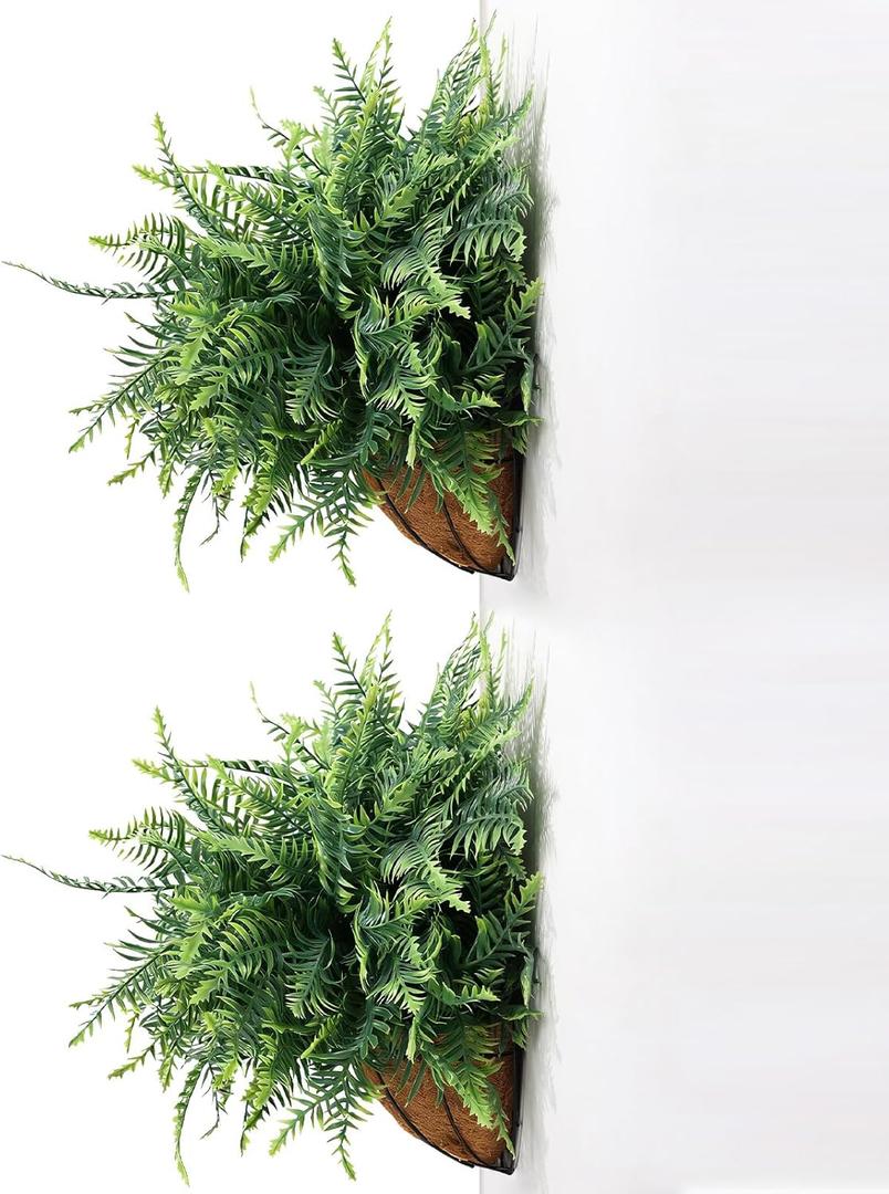 QIANYUN Faux Boston Fern with Hanging Basket  18in Fake Hanging Fern, Lifelike Artificial Plants for Outdoors, Wall-Mount Dcor for Porch, Patio, Balcony, or Garden (2, Green)