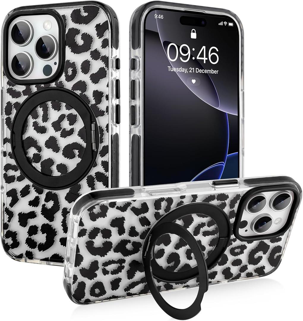 SAKUULO for iPhone 16 Pro Max Case Black Leopard Print Design | with Invisible Magnetic O-Ring Stand Military-Grade Clear Case With Screen Protector[Great Grip Feeling]