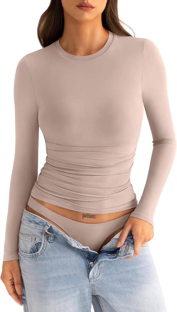 EasyGala Womens Double Lined Long Sleeve Shirts Crewneck Ruched Top Tight Fitted Basic Tee Fall Going Out Outfits 2026, Small