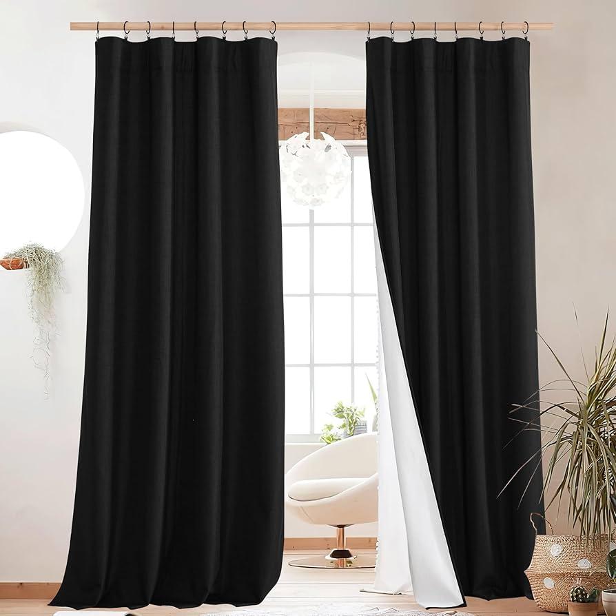 NICETOWN 100% Blackout Linen Curtains 90" Long for Bedroom, Thermal Insulated Living Room Curtains with Liner, Farmhouse Style Linen Blend Window Draperies for Dining Room (2 Panels, 52" W, Black)