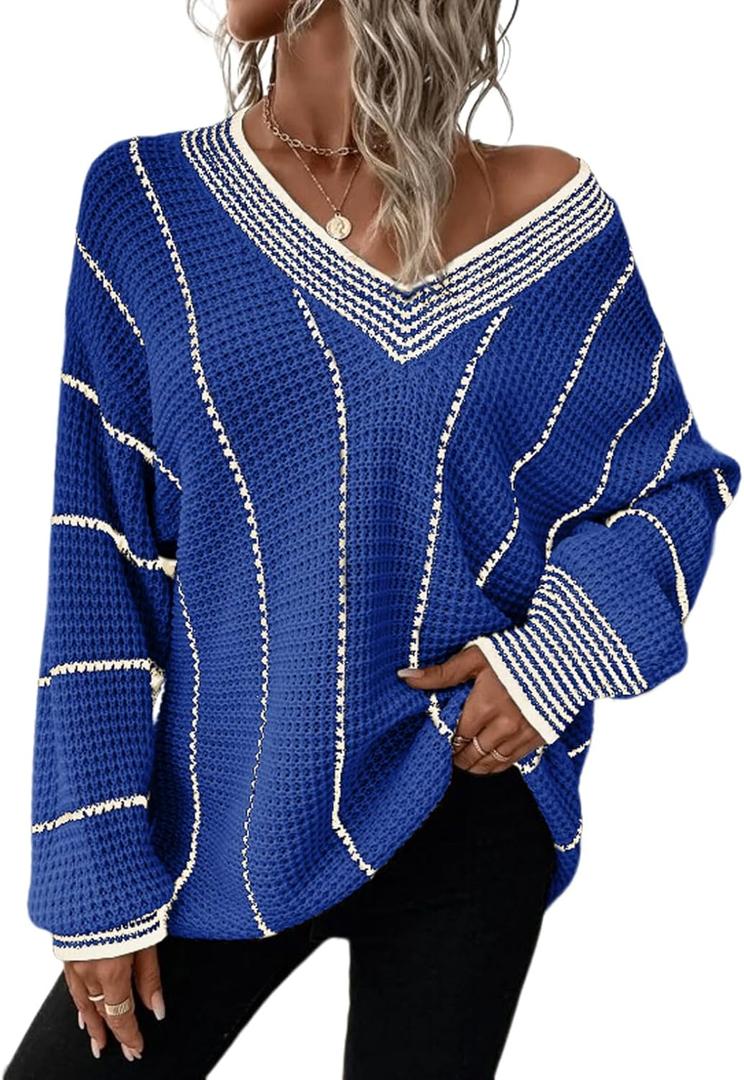 Dokotoo Womens Oversized Striped Tunic Sweaters Casual V Neck Long Sleeve Color Block Knit Pullover Jumper Tops (Medium, Dark Blue)