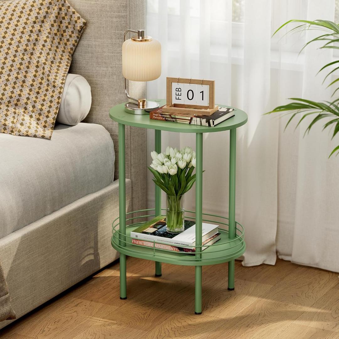 Small Modern Round Side Table with Storage, 2-Tier Side Tables Living Room, Sturdy Nightstand for Small Space - Living Room, Bedroom, Bathroom, Nursery (1PC, Green)