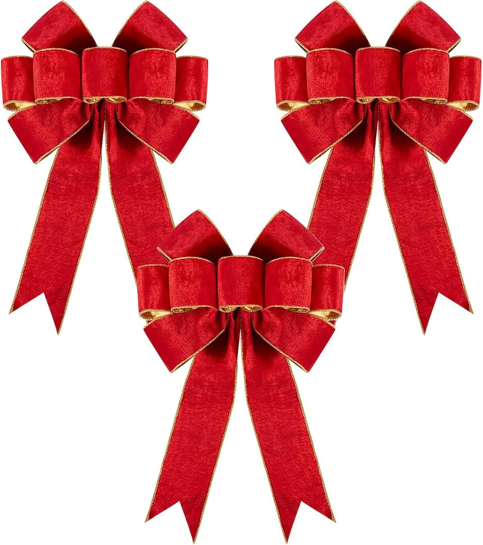 Utehilly 3pcs Large Christmas Bows Velvet Red Bows Holiday Red Christmas Bows Decorations for Wreath Velvet Bows Decor for Christmas Tree Topper, Front Door, Outdoor(14 * 12 inch)