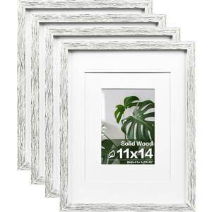 Egofine 11x14 Picture Frames Set of 4, Made of Solid Wood Covered by Plexiglass 5x7 and 8x10 with Mat or 11x14 without Mat, for Table Top Display and Wall Mounting Photo Frame Driftwood White