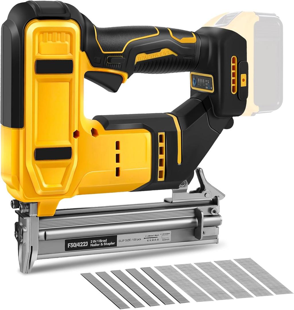 Cordless Brad Nailer Compatible with Dewalt 20V Battery, 2 in 1 Electric Nail Gun Staple Gun with 1000 Nails/Staples, Battery Power Nail Gun for Trim Wood Crafting Home (NO Battery)