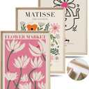 UPWOIGH 12x16 in Framed Wall Art, Abstract Henri Matisse Pink Flower Market Canvas Print, Minimalist Wood Wall Decor for Living Room and Bedroom, Set of 3, Gift