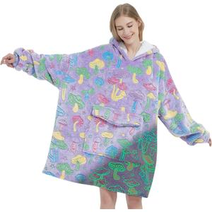 Glow in The Dark Mushroom Wearable Blanket Hoodie for Adult,Oversized Sherpa Fleece Blanket Hoodie for Women Men,Mushroom