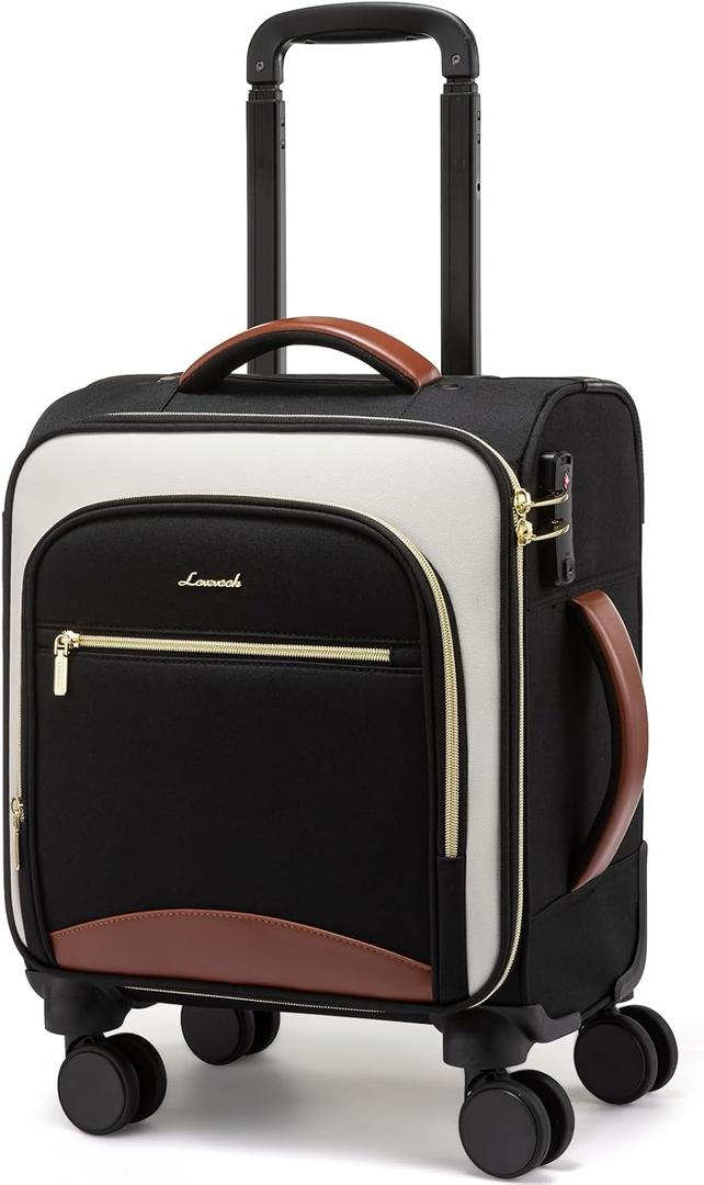LOVEVOOK Underseat Carry On Luggage With Wheels, 16 Inch Softside Underseat Luggage Spinner, 18x14x8 inches Travel Bag With TSA Lock, Water-Resistant Lightwhight Personal Item for Travel (Black-White-Chestnut)