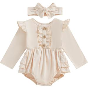 Newborn Baby Girl Outfit Ruffle Bubble Romper Long Sleeve Infant Bodysuit Jumpsuit with Headband Clothes (3-6 Months, Apricot)
