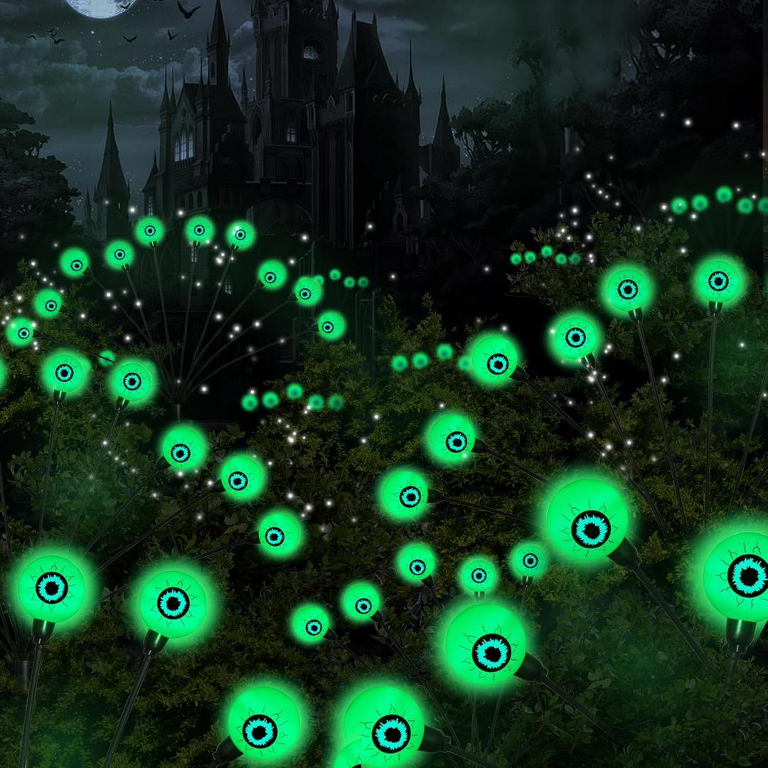 Halloween Decorations, 4 Pack 40LED Solar Halloween Lights Outdoor Scary Eyeball Waterproof Halloween Solar Garden Lights Swaying Firefly Lights for Yard Garden Patio Party Decor Green