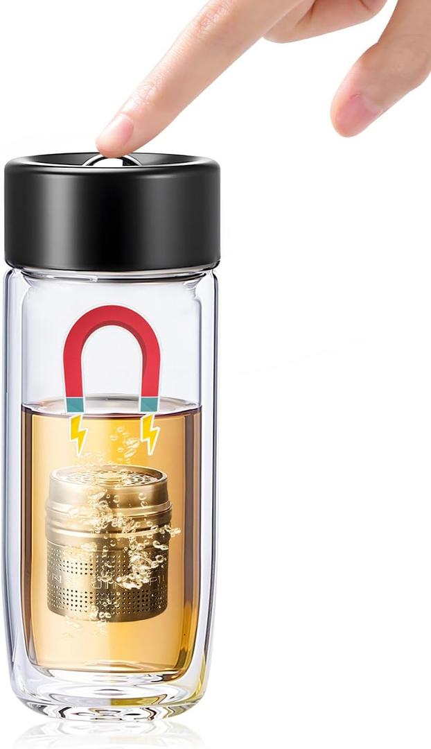 MagnaDrop Tea Tumbler  Double Wall Glass Tea Infuser Cup with Magnetic Steep Control & Bead Switch, Leakproof Travel Mug for Loose Leaf, 10.5oz (Midnight Black)