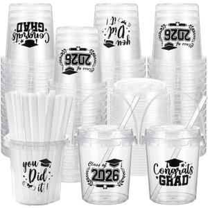 Ceenna 30 Sets 24oz Graduation Drink Buckets with Lids and Straws Class of 2026 Graduation Plastic Bucket Cups Congrats Grad Party Supplies for High School College Tailgate Party Summer Events (Black)