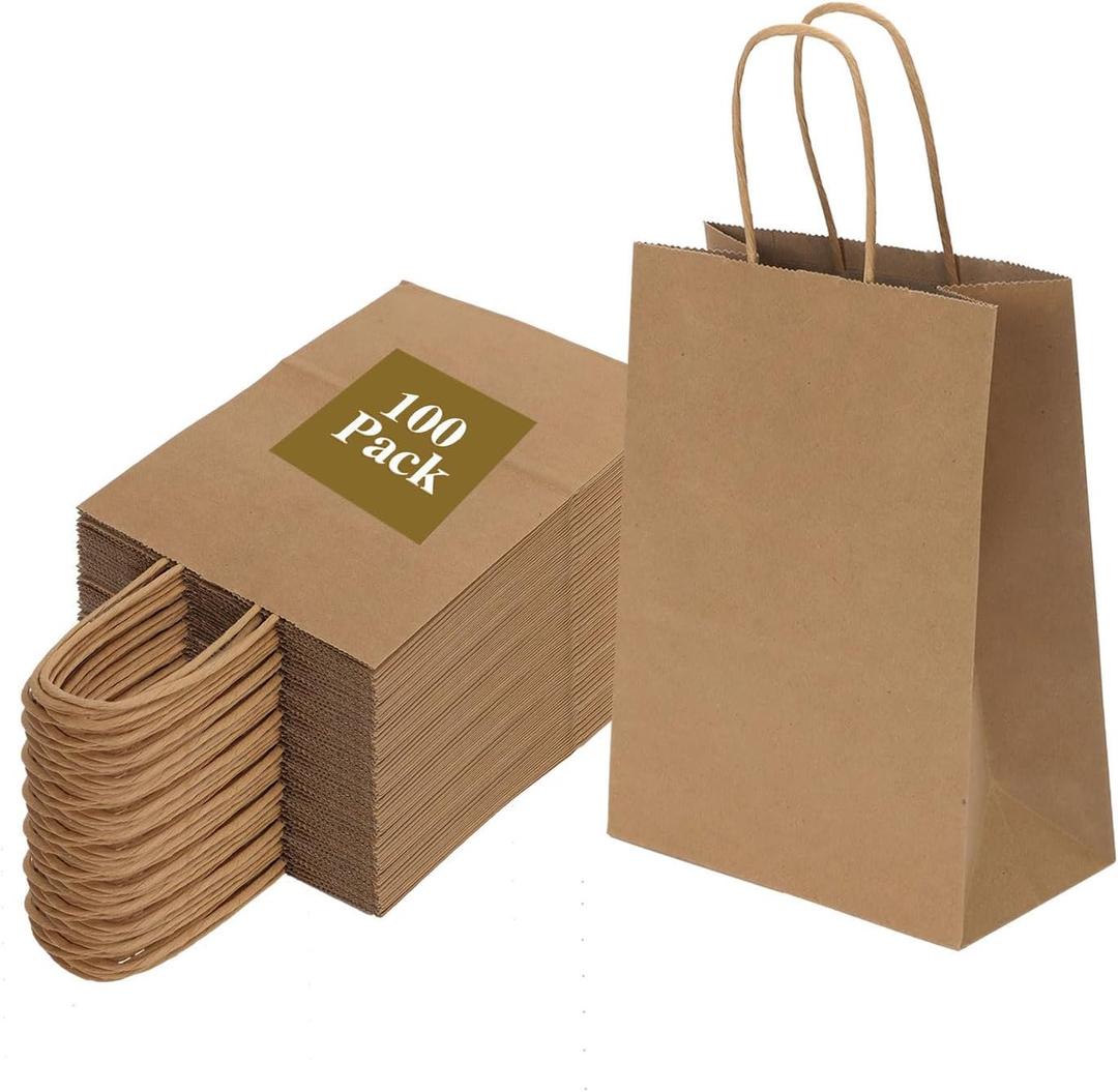 Joybe 100 Pack 5.95x3.25x8 Inch Small Brown Paper Bags with Handles Bulk, Kraft Paper Gift Bags for Birthday Party Favors Grocery Retail Shopping Business Goody Craft Sacks (Plain Natural, 100pcs)