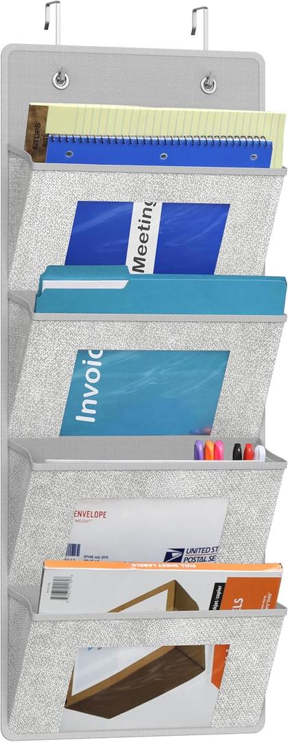 Simple Houseware Over the Door Hanging Wall File Organizer, 4 Clear Window Pocket File Holder with 13" Width for Office Supplies Storage, Grey