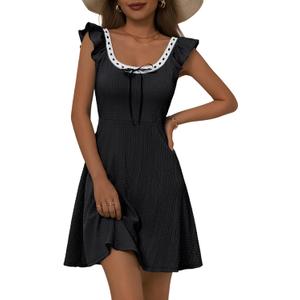 GUBERRY Women Summer Dresses Mini Cute Solid Flowy Square Neck Ruffle Sleeve Sundresses for Women, M