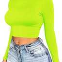 Artfish Women Long Sleeve Turtleneck Crop Top Mock Neck Tight Fitted Shirts Neon Lime Rave 80s XL