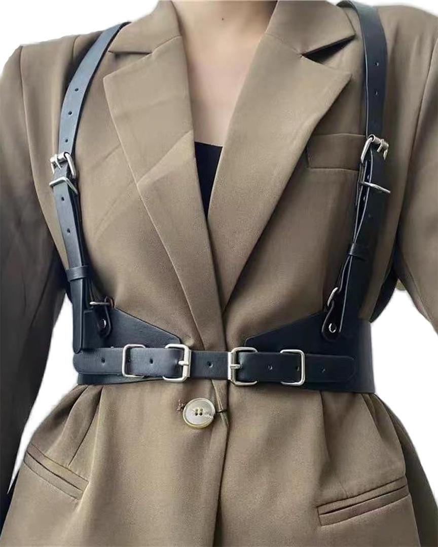 Punk Womens Waist Belt Adjustable Suspenders Straps PU Leather Harness Belt (L(waist size:35.5"-42.5"))
