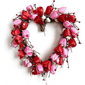 Valentine's Day Wreath for Front Door 16in Valentines Day Wreaths with Roses Hearts Berries Grapevine Heart Wreath for Wall Window Indoor Home Wedding Party Festival Decor (Pink,red)