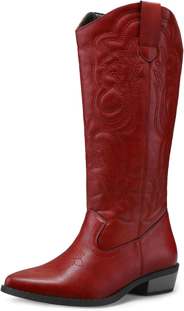 mysoft Women's Cowboy Boots Mid Calf Cowgirl Embroidered Western Pointed Toe Chunky Heel Pull On Knee High Boots (6.5)