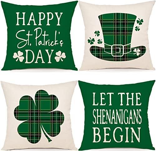 YCOLL St Patricks Day Decorations Throw Pillow Covers 20x20 Set of 4 Scottish Tartan Plaid St Patricks Day Hat Farmhouse Classic Decorative Square Cushion Cases for Sofa Couch