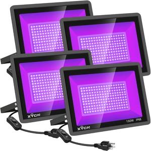 XYCN 4 Pack 150W LED Flood Black Lights,395nm to 405nm UV Outdoor Flood High Power Blacklight Light with Plug in, IP66 Waterproof Large Black Light Spotlight for Glow Party Large Space, Halloween