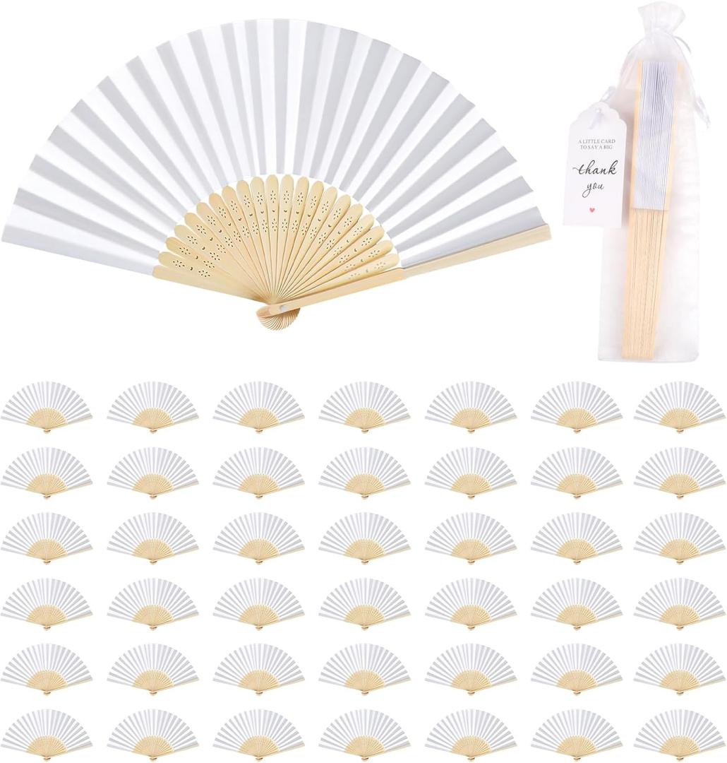 110 Pack White Paper Fans Bulk Bamboo Folding Handheld Fans for Wedding Guests with Thank You Tags & Organza Bags, Party Favors for Bridal Dancing, Summer, Home Decor & DIY Supplies