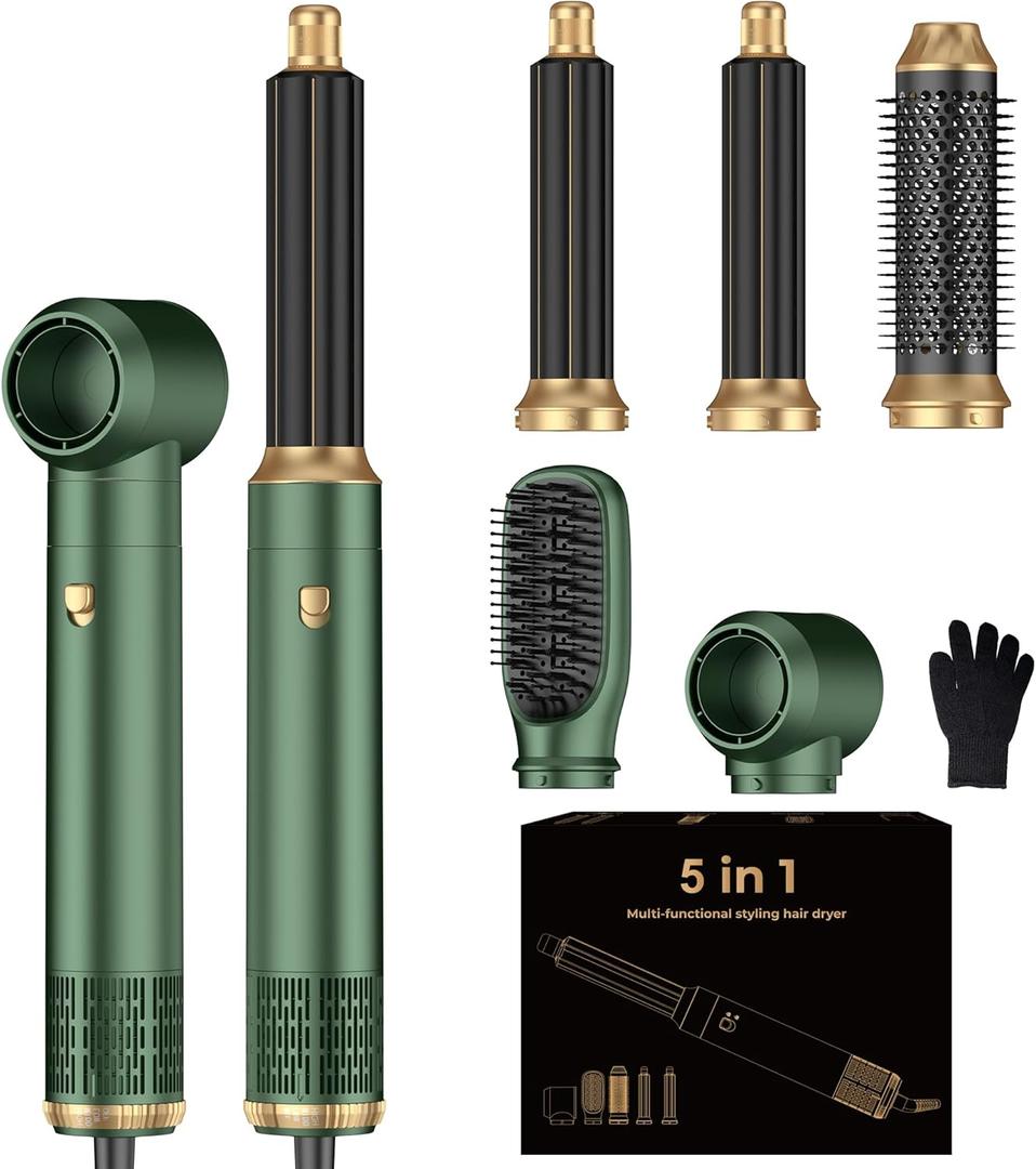 5 in ONE Hair Dryer Brush, Blow Dryer Curling Wand Hair Styling Tools Set (Green)