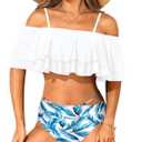 Tempt Me Women Two Piece High Waisted Bikini Set Swimsuit Off Shoulder Ruffle Bathing Suits Tummy Control Ruched Swimwear (XX-Small, 0 White)