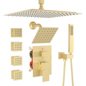 Enga Dual Shower Head Shower System with Body Jets, 12" Ceiling Mounted Rain Shower Head & 6" Wall Mounted Head Full Body Rainfall Shower Faucet with Valve Kit, Brushed Gold