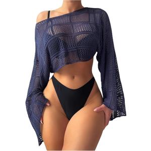COZYEASE Women's Hollow Out Crop Bikini Cover Up Boat Neck Long Sleeve Crochet Sheer Swimsuit Cover Up (Large, Royal Blue)