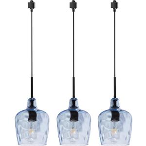 VINLUZ 3-Pack Track Pendant Lighting Set with Black Finish and H-Type, Blue Clear Glass Chandelier Adjustable Hanging Light for Dining Room Kitchen