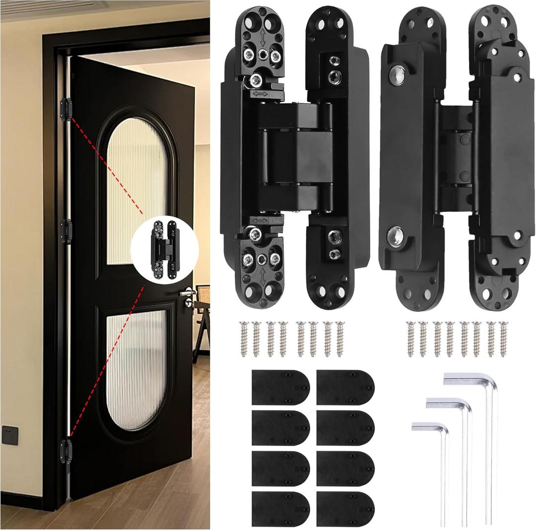 6" Hidden Hinges for Doors Invisible Hinge Concealed Hinges Zinc Alloy 180 Degree Swing Hinge 3 Way Adjustable Butt Silent Door Hinges 6 x 2.5 x 1 inch (Black Pack of 2)