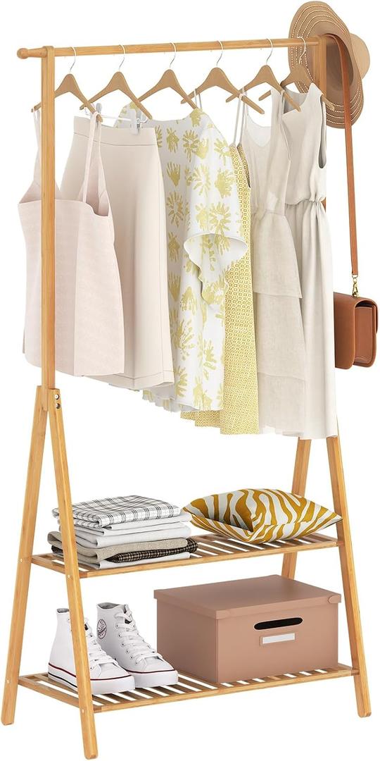 Bamboo Wooden Clothes Rack, Heavy Duty Garment Rack for Hanging Clothes, Freestanding Clothing Rack with 2 Tier Storage Shelves & Side Hooks for Living Room Bedroom Entryway