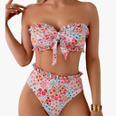 SOLY HUX Women's Bandeau Bikini Set Tie Knot Front Frill Strapless High Waisted Bathing Suit Two Piece Swimsuit, Size Medium