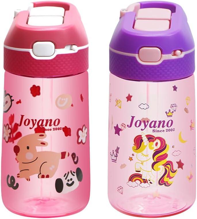 Tritan Kids Water Bottle Straw Top, Leak-Proof with Spout Cover and Carrying Loop 450 ML/15.2 oz Pack of 2 (RED/PINK)