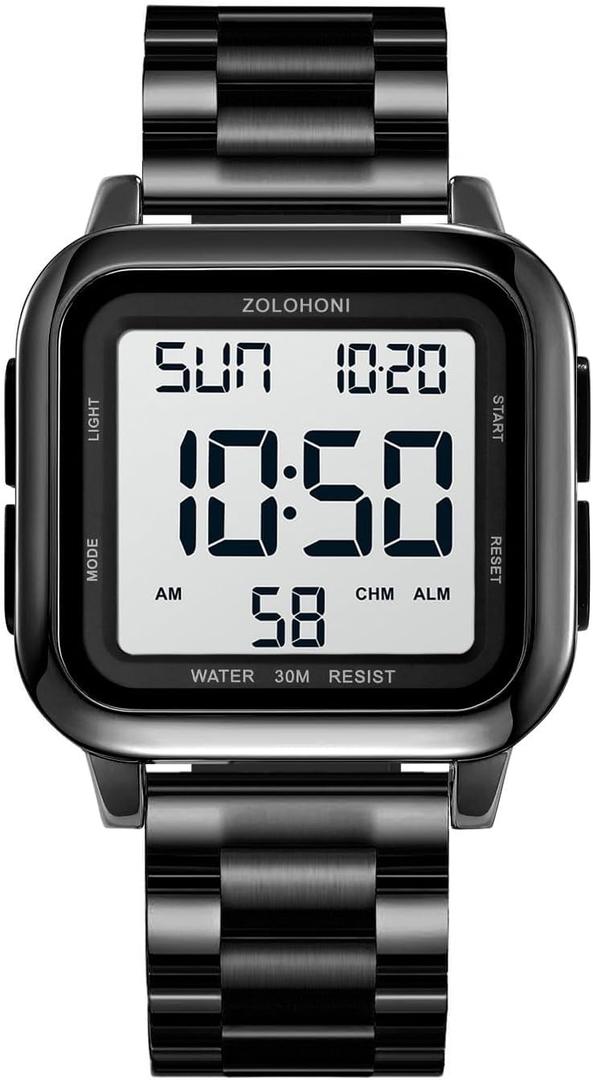 zolohoni Mens Digital Watch for Men, Stainless Steel Square Watches, Mens Wrist Watches Waterproof Large Face Dual Time Date Watch