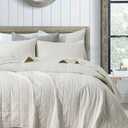 meadow park Stonewashed Linen Cotton Box Stitch Quilt and Matching Pillow Shams 3pcs Set, King Size, Beige Color.