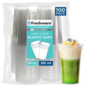 Freshware Clear Plastic Cups [100 Pack - 20 oz] Disposable Cups for Iced Coffee, Smoothie, Milkshake, Cold Drinks