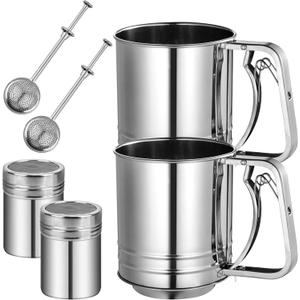 Flour Sifter Stainless Steel, 3 Cup Flour Sifters for Baking, 2 Sets 3 in 1 Sifter for Baking with Powdered Sugar Shaker Duster, Flour Shaker Duster for Baking Cakes Pastries Pies Cupcakes Desserts