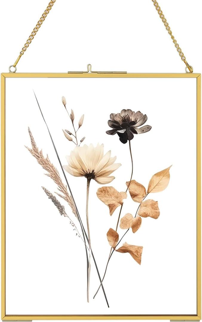 8x10 Gold Floating Picture Frames, Double Glass Hanging Frame for Pressed Flower, Vintage Brass Photo Frame with Metal Chain for Wall Mount, Large Vertical Clear Frame for Artwork Display Gallery Home