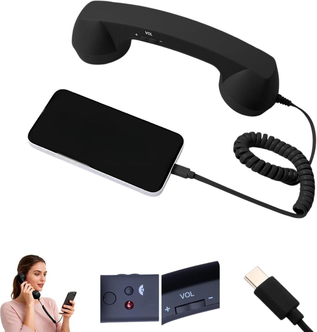 Retro Phone Handset,2026 New Retro Phone Handset for Phone,Type-C Retro Telephone Wired Handsets Style Landline Handle Receiver for Cell Mobile Video Conferences,Calls,Meetings (Black)