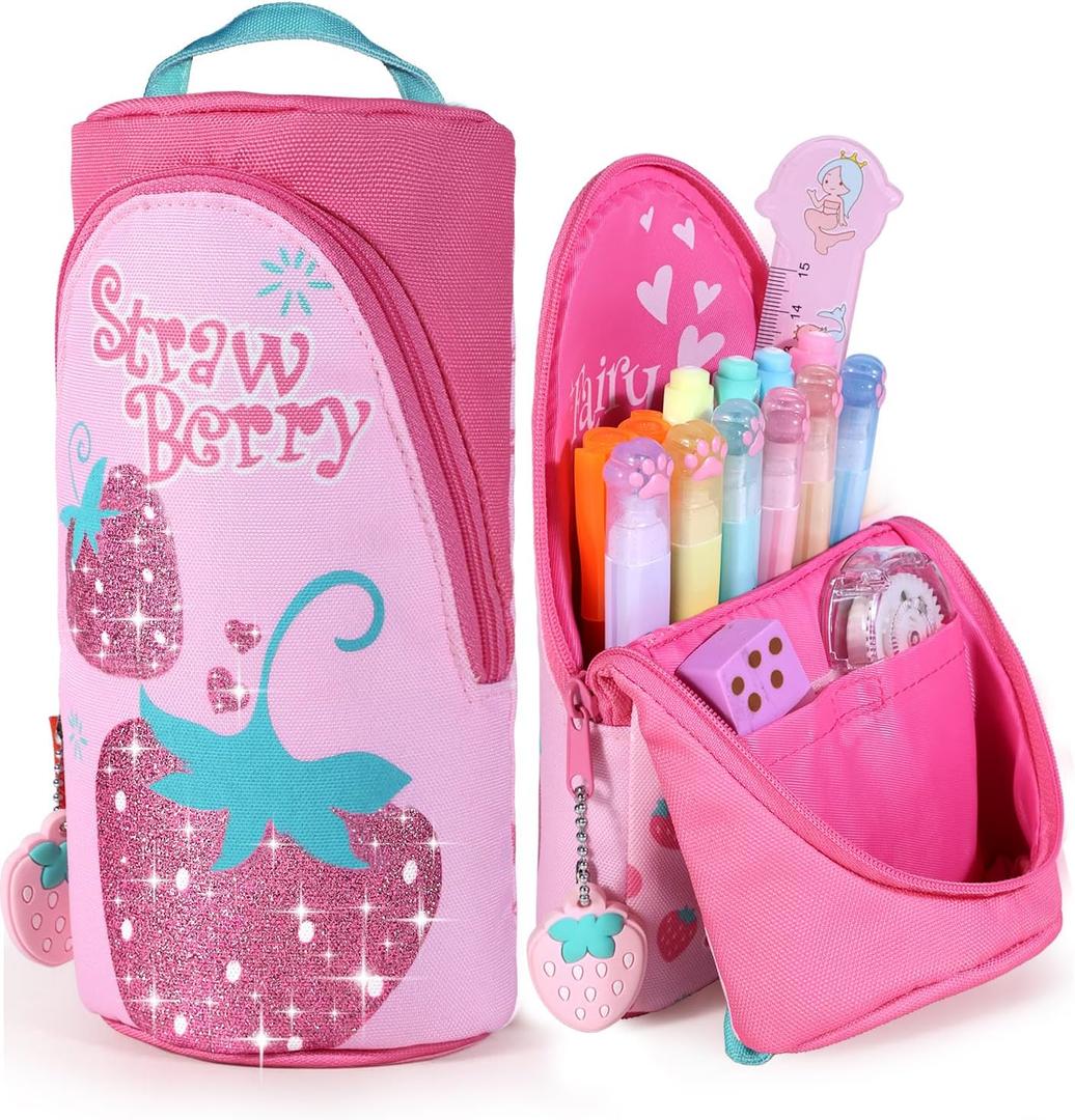 3 x Magnetic Standing Pencil Case for Girls - Back to School Stuff, Cute Strawberry Standing Zipper Pencil Case, Large Capacity Stand up Pen Bag, Stationery Pen Holder, Study Supplies for Students