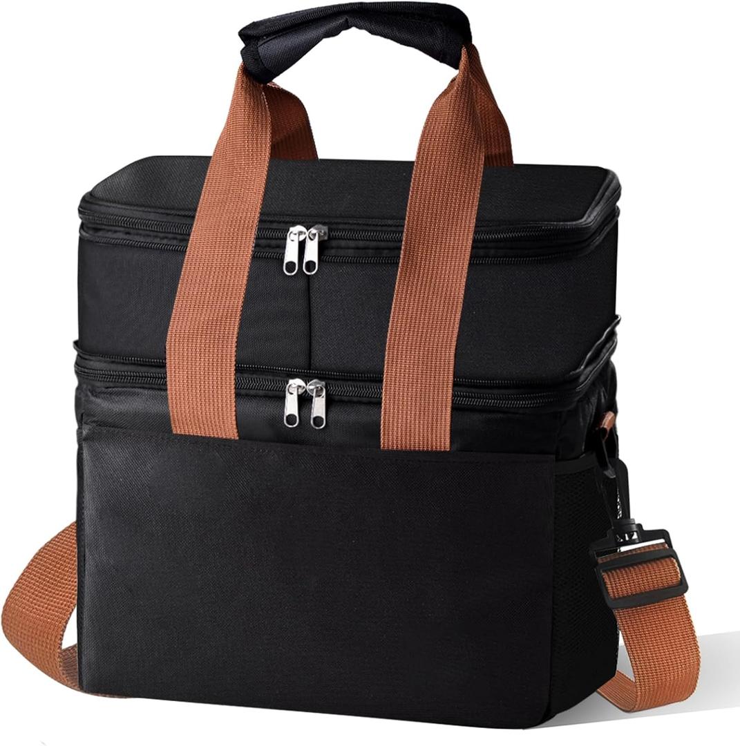 Lunch Bag Upgraded Insulated Lunch Box for Men and Women - 15-20L Expandable Double Deck, Leakproof Soft Cooler Bag with Side Tissue Pocket - Large Adult Lunch Tote for Work, Picnic, Beach (Black)