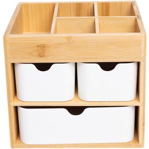 Bamboo Makeup Organizer with 3 Drawers, Dresser Cosmetic Organizer Box,Bamboo Desk Organizer for Home with Adjustable Dividers